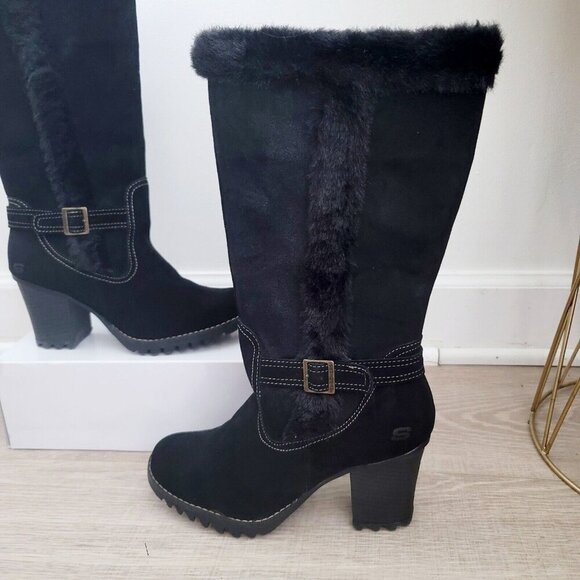 Skechers Shoes - Skechers Y2K 90s VTG Black Knee Mid Calf Faux Fur Block Leather Heel Boots 9